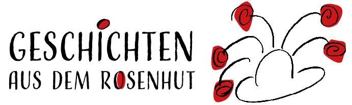 Geschichten aus dem Rosenhut Logo: Rote Rosen und Rosenhut-Zeichnung.
